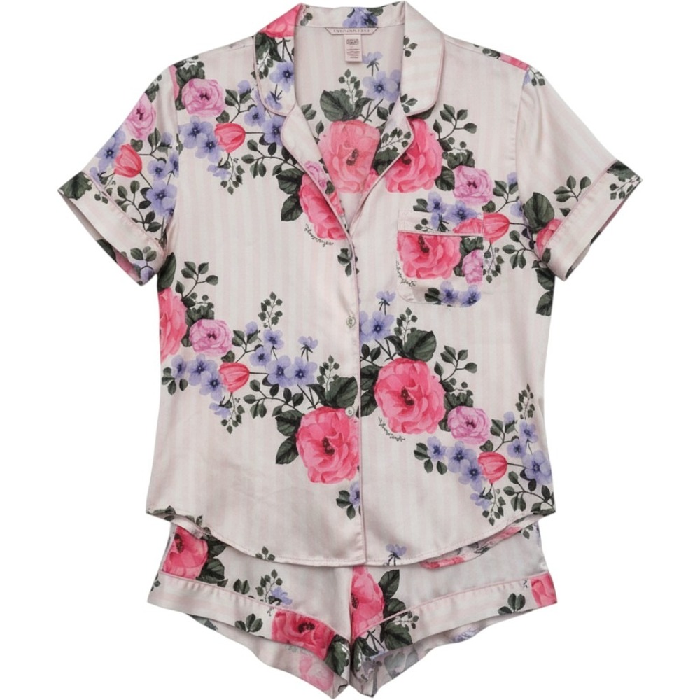 Victoria's Secret Pajama Set Medium Pink Floral Striped Satin Shorts